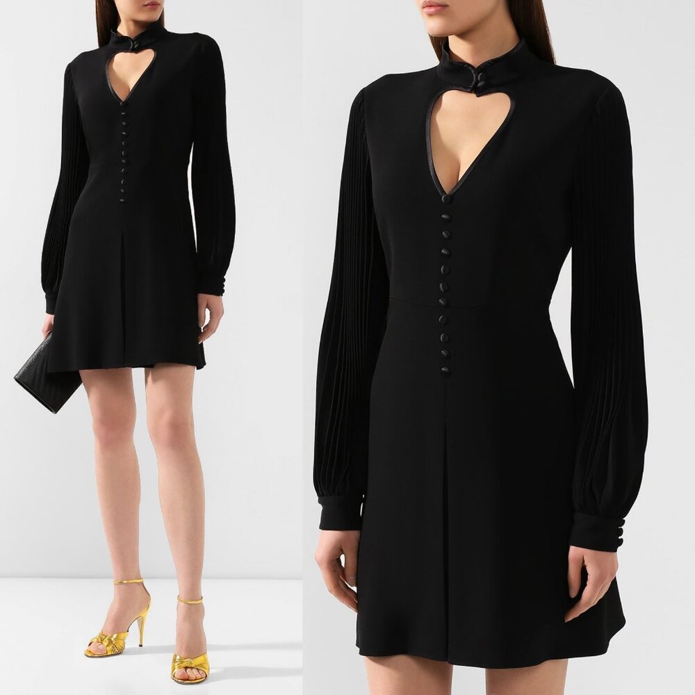 GUCCI DRESS BLACK JERSEY CUT OUT HEART PLEATED SLEEVES sz IT 42 US 6